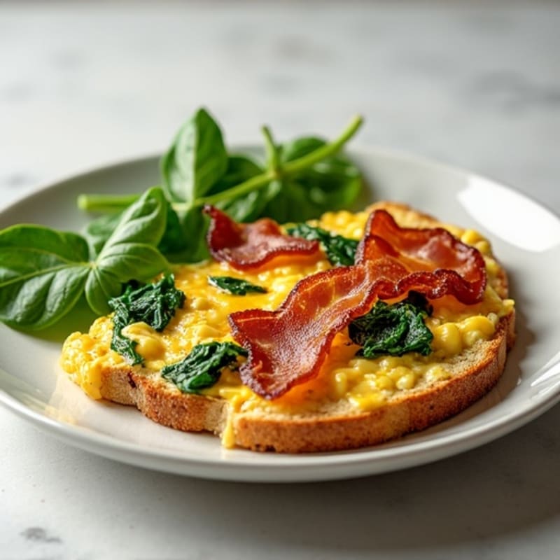 Crispy Turkey Bacon and Egg White Scramble with Sautéed Spinach
