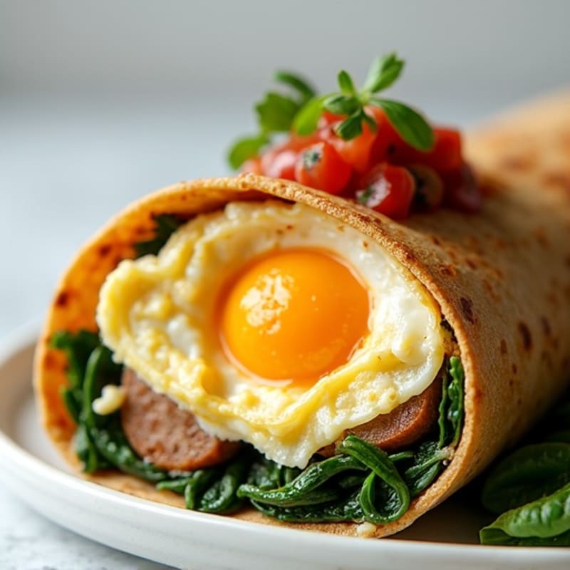 Healthy Whole Wheat Breakfast Burrito with Eggs and Lean Sausage