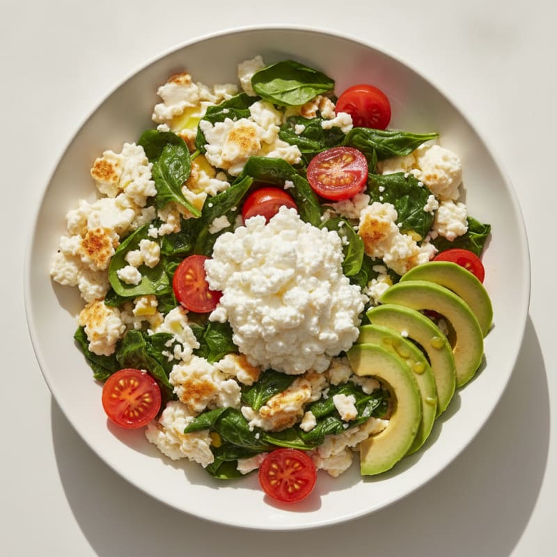 Egg White Spinach Scramble with Cottage Cheese and Cherry Tomatoes