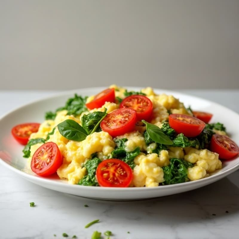 Fluffy Scrambled Eggs with Sautéed Spinach and Cherry Tomatoes
