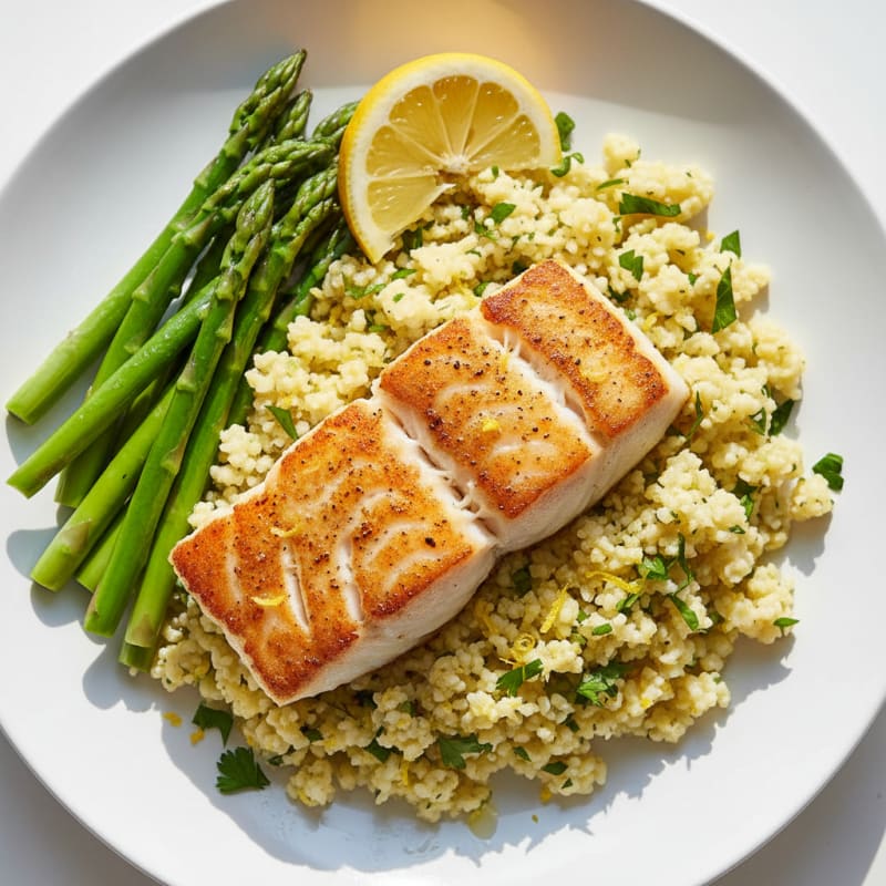 Seared Cod with Steamed Asparagus and Lemon Herb Cauliflower Rice