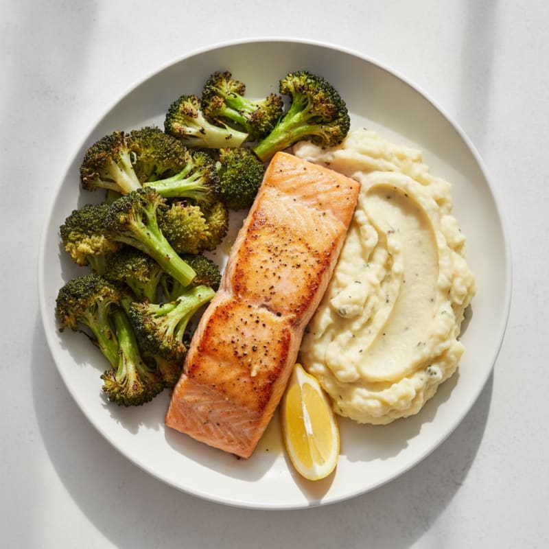 Seared Salmon with Roasted Broccoli and Garlic Mashed Cauliflower