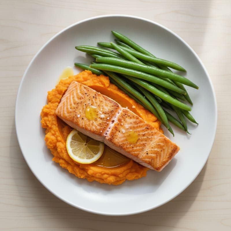 Seared Salmon Fillet with Steamed Green Beans and Sweet Potato Mash