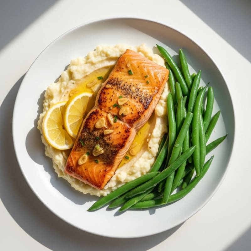 Seared Salmon Fillet with Steamed Green Beans and Garlic Mashed Cauliflower