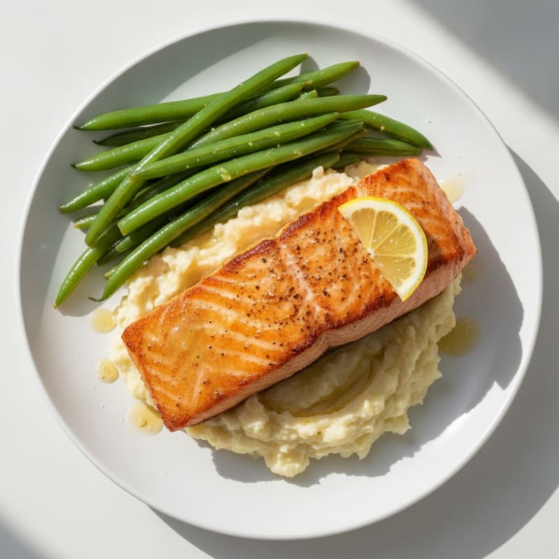 Seared Salmon with Steamed Green Beans and Garlic Mashed Cauliflower
