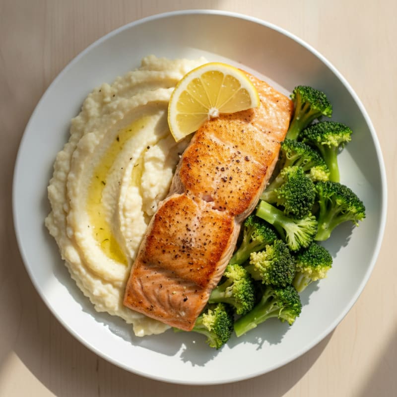 Pan-Seared Salmon with Steamed Broccoli and Garlic Cauliflower Mash