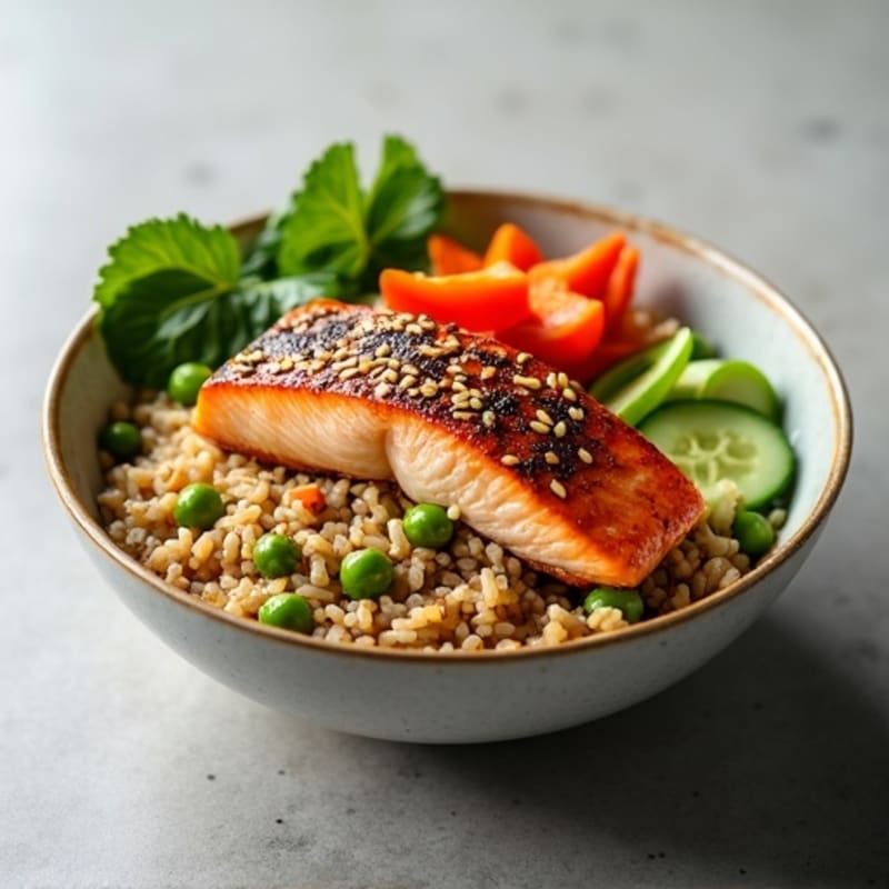 Sesame Ginger Salmon and Fresh Vegetable Rice Bowl
