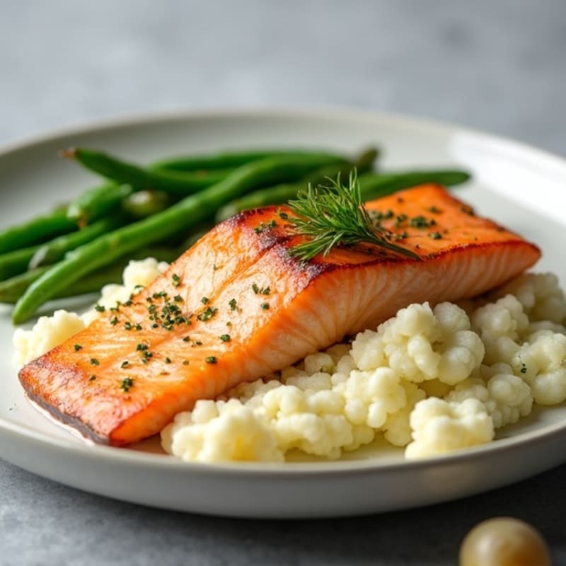 Seared Salmon with Steamed Green Beans and Garlic Mashed Cauliflower