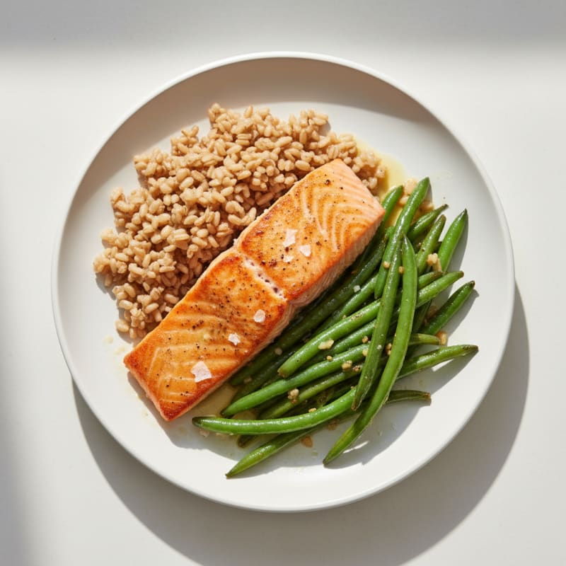 Seared Salmon with Garlic Green Beans and Brown Rice