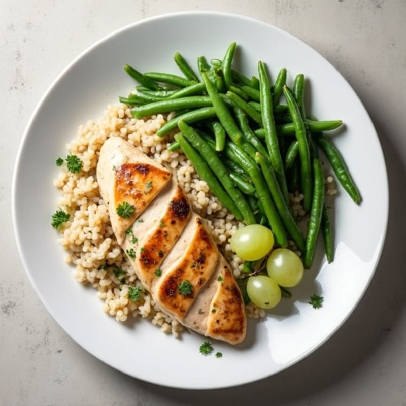 Poached Chicken with Herbed Rice, Creamy Green Beans, and Fresh Grapes