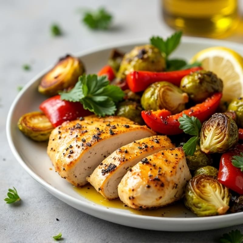 Sheet Pan Crispy Brussels Sprouts and Lemon Herb Chicken