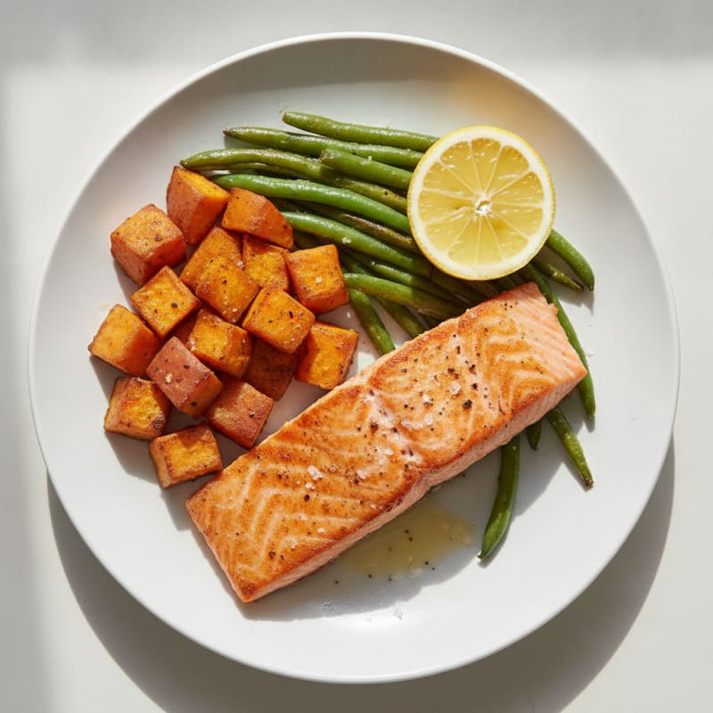 Seared Salmon with Roasted Sweet Potato and Green Beans