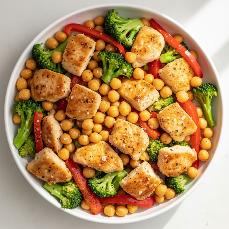 Crispy Roasted Chickpea and Chicken Veggie Bowl