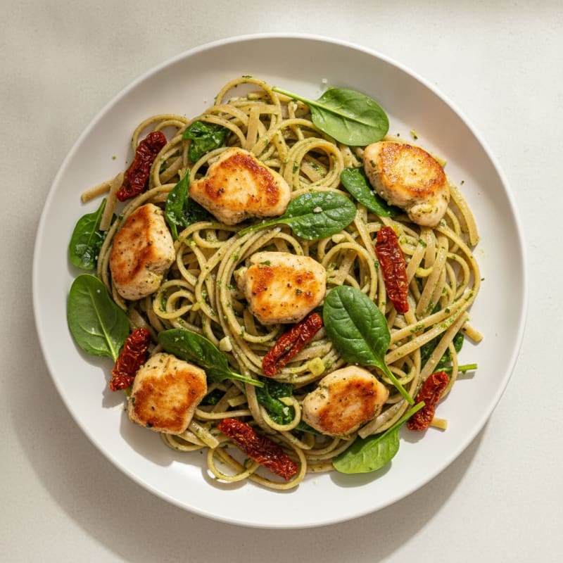 Pesto Chicken Linguine with Sun-Dried Tomatoes