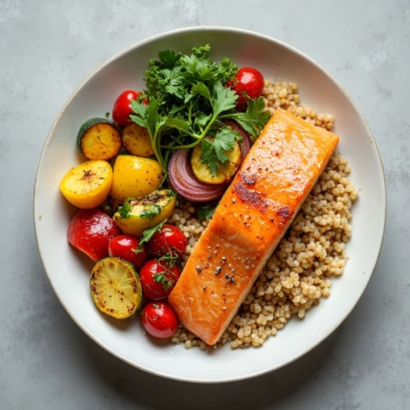 Crispy Tofu and Quinoa Power Bowl with Roasted Vegetables and Seared Salmon