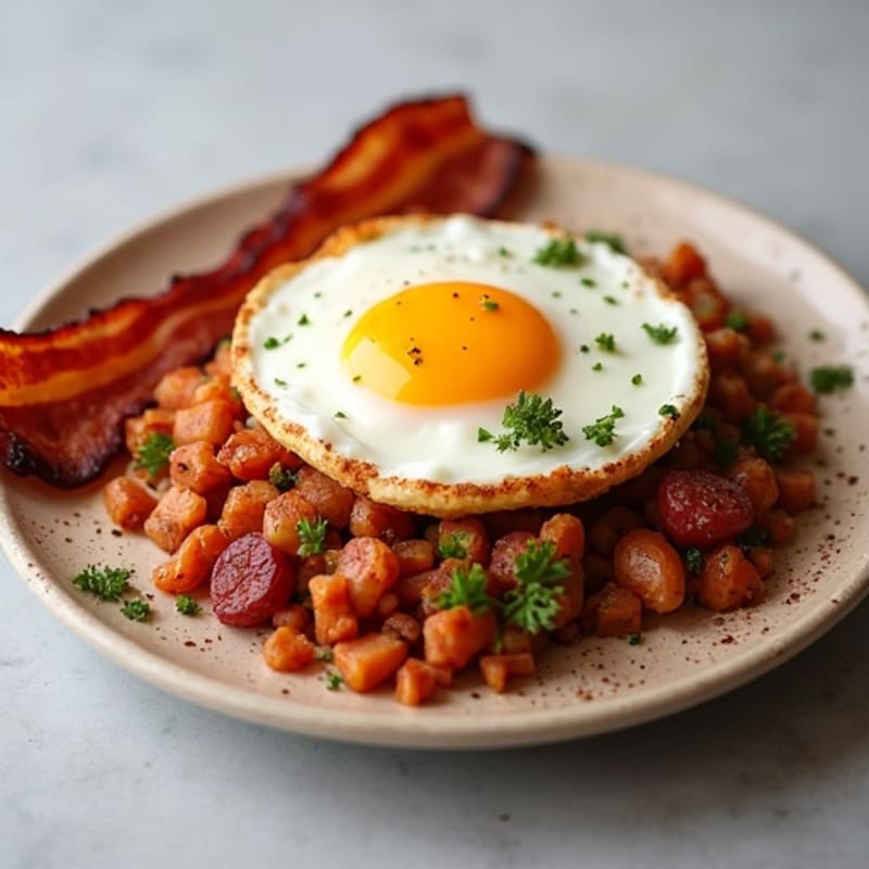 Crispy Lean Corned Beef Hash with Eggs and Crispy Bacon