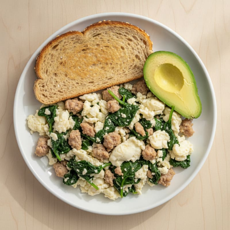 Egg White and Turkey Sausage Scramble with Sautéed Spinach