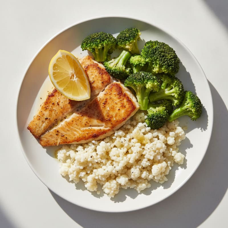 Seared Tilapia with Steamed Broccoli and Cauliflower Rice