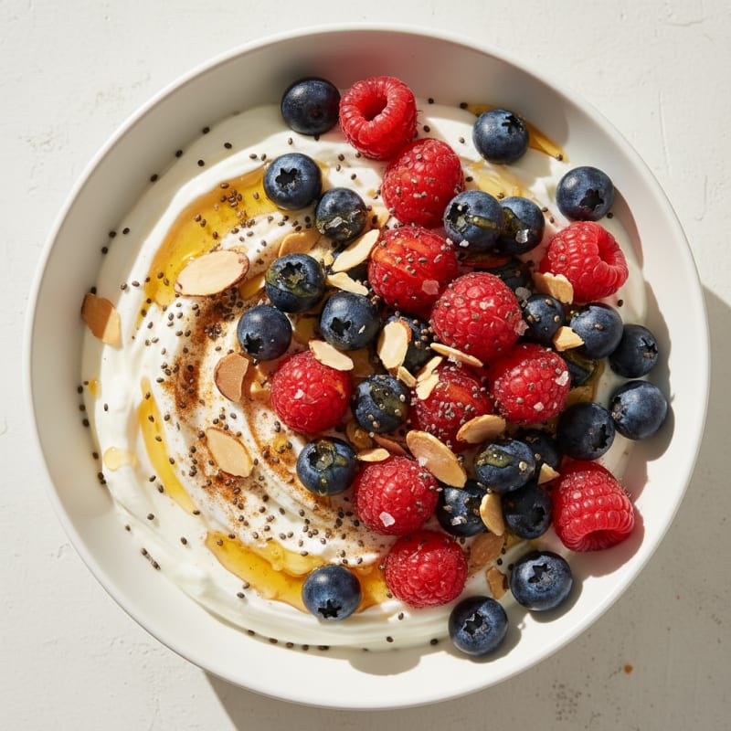 Vanilla Bean Greek Yogurt with Fresh Berries and Almonds