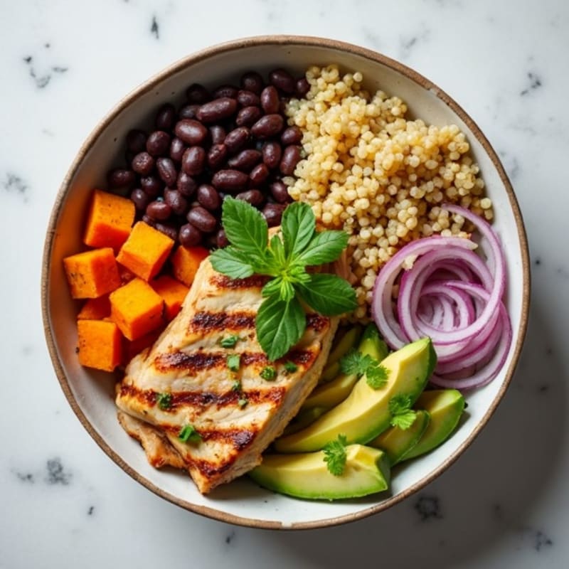 Hearty Black Bean and Quinoa Bowl with Roasted Sweet Potatoes and Zesty Avocado Dressing