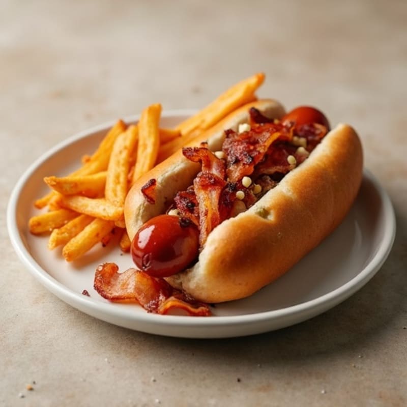 Lean Turkey Dogs with Turkey Bacon and Caramelized Onions