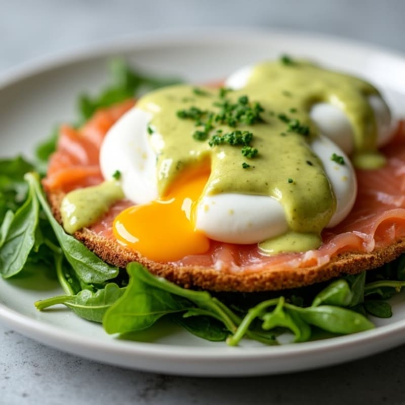 Smoked Salmon Poached Eggs with Fresh Greens and Creamy Avocado Dressing