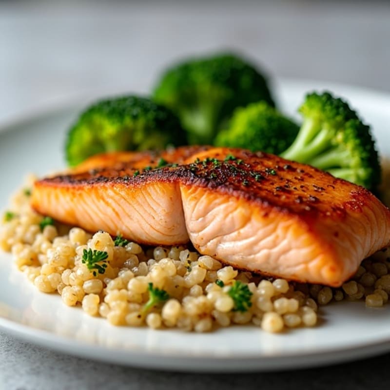 Seared Salmon Fillet with Steamed Broccoli and Quinoa