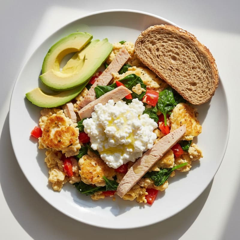 Egg White Veggie Scramble with Cottage Cheese and Sliced Turkey