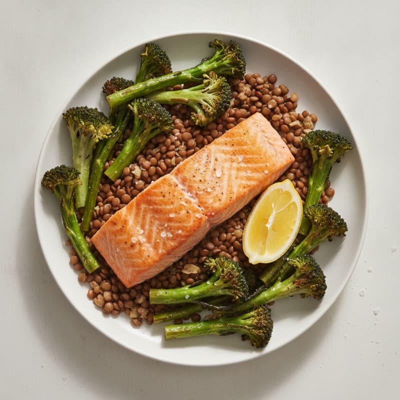 Seared Salmon with Roasted Broccoli and Garlic Lentils