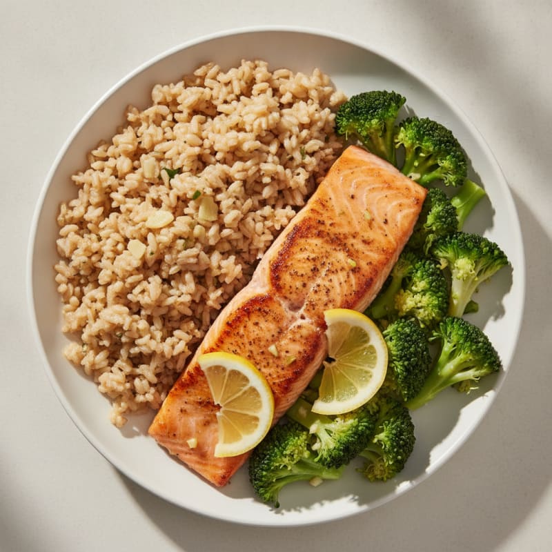 Seared Salmon with Steamed Broccoli and Garlic Brown Rice