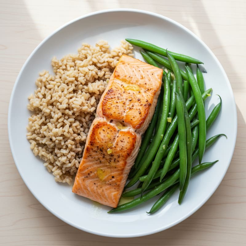 Seared Salmon with Steamed Green Beans and Brown Rice
