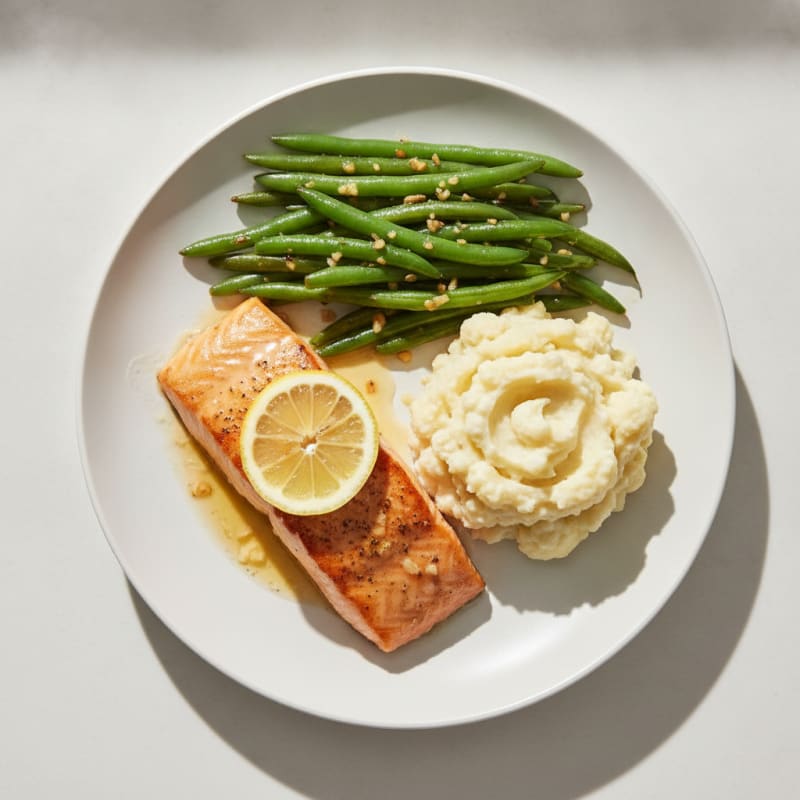 Seared Salmon with Garlic Green Beans and Mashed Cauliflower
