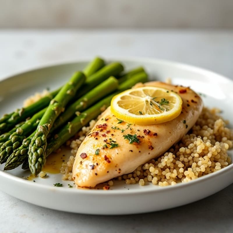 Lemon-Garlic Pan-Seared Chicken with Roasted Asparagus and Quinoa
