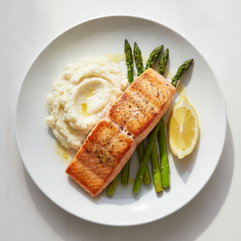 Seared Salmon Fillet with Roasted Asparagus and Cauliflower Mash