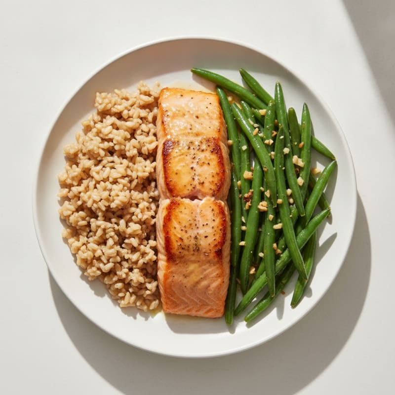 Seared Salmon with Garlic Green Beans and Brown Rice