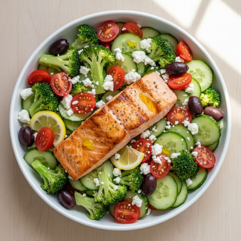 Grilled Salmon Greek Salad Bowl