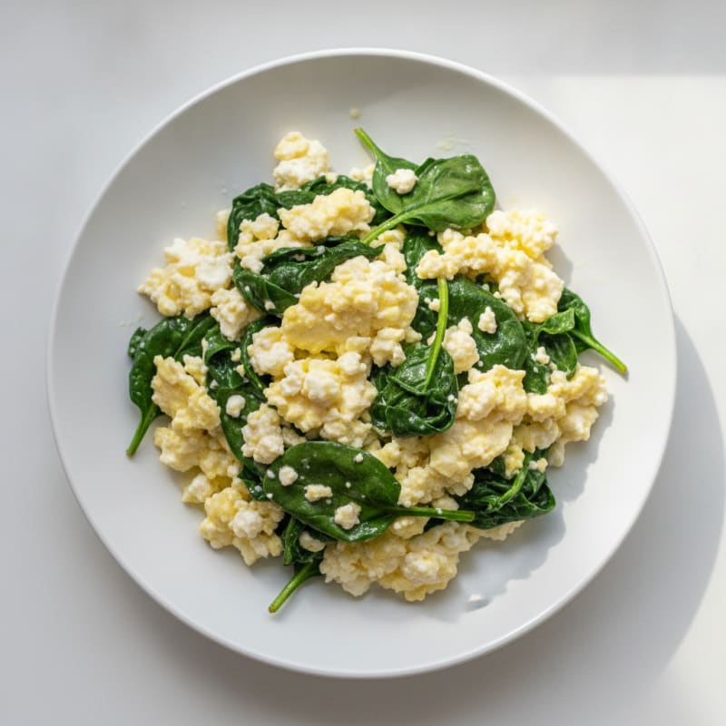 Scrambled Eggs with Cottage Cheese and Sautéed Spinach
