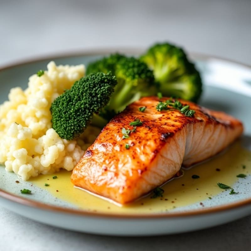 Seared Salmon Fillet with Roasted Broccoli and Garlic Mashed Cauliflower