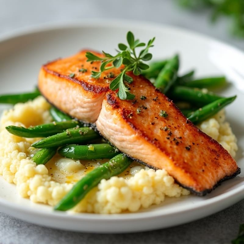 Seared Salmon with Garlic Green Beans and Cauliflower Mash