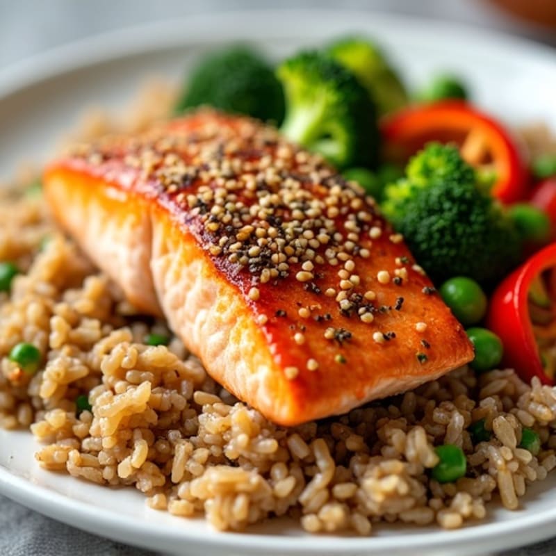 Fresh Salmon with Sesame Ginger Brown Rice and Crispy Vegetables