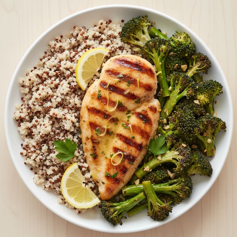 Grilled Lemon Herb Chicken Breast with Quinoa and Roasted Broccoli