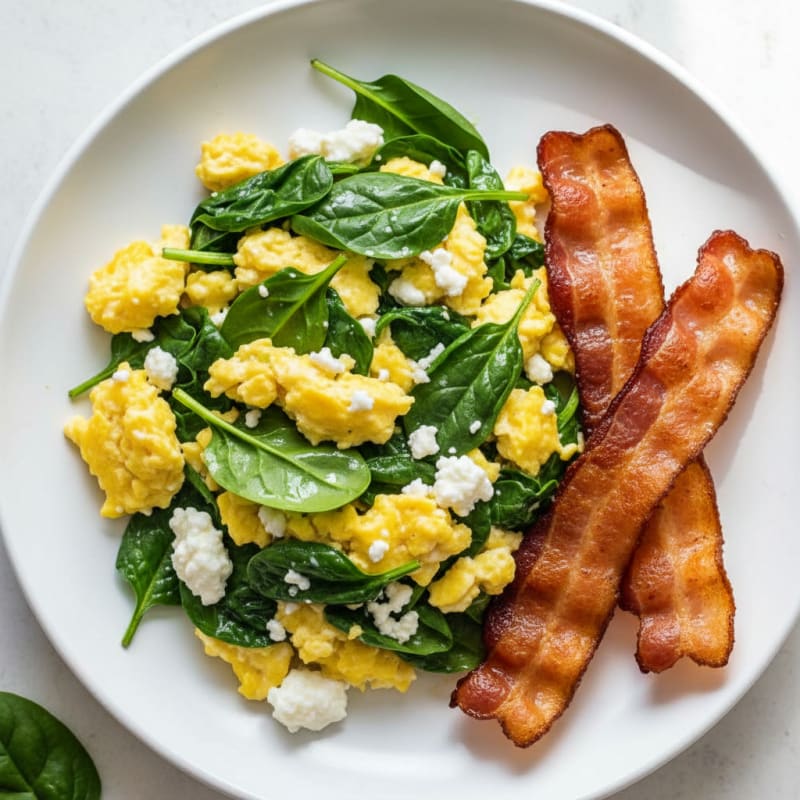 Cottage Cheese Egg Scramble with Spinach and Turkey Bacon