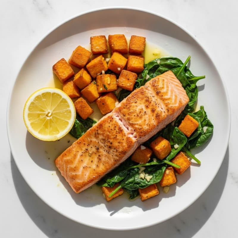 Seared Salmon with Roasted Sweet Potato and Sautéed Spinach
