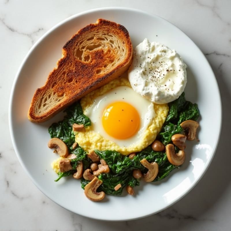 Egg White and Spinach Scramble with Cottage Cheese, Sautéed Mushrooms & Whole Grain Toast