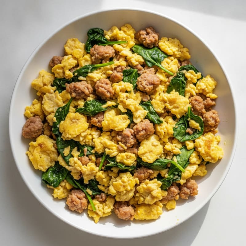 Scrambled Eggs with Turkey Sausage and Sautéed Spinach