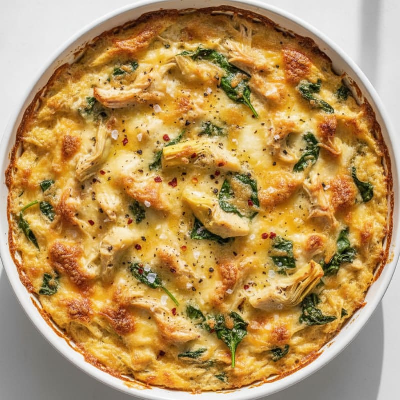 High-Protein Baked Spinach Artichoke Chicken Dip