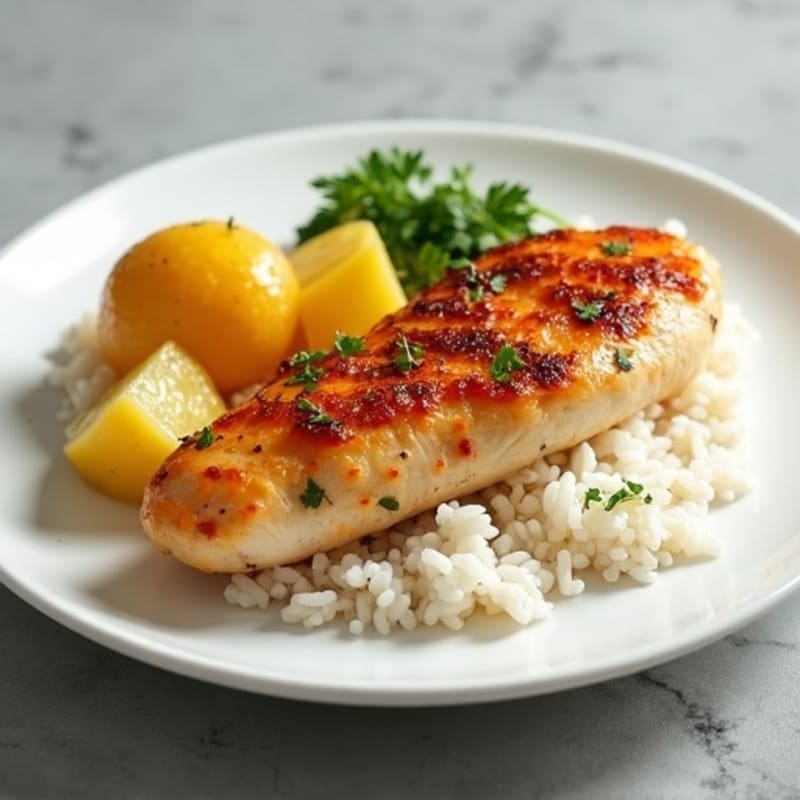 Juicy Baked Chicken Breast with Steamed White Rice, Soft-Boiled Potato and Tender Yuca