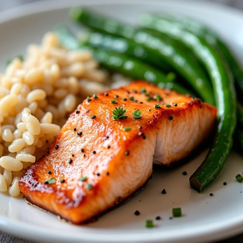 Seared Salmon with Steamed Green Beans and Brown Rice