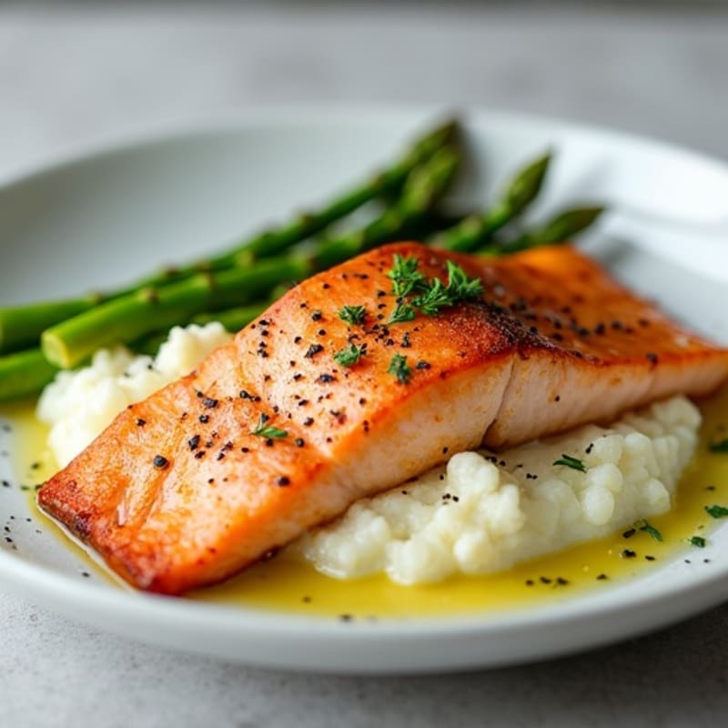 Seared Salmon with Steamed Asparagus and Cauliflower Mash