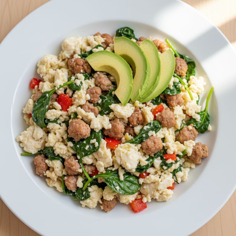 Egg White and Turkey Sausage Scramble with Spinach and Bell Peppers